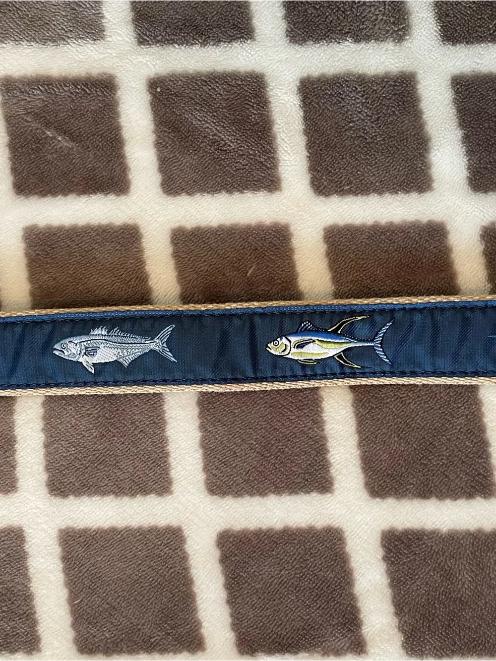 Men's Navy Woven Fish Embroidered Belt with Tan Leather Trim